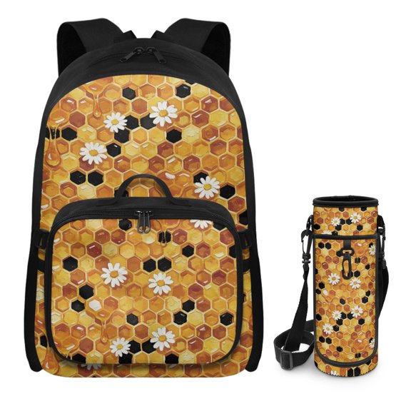 FUIALDOLG Honeycomb Daisy Back to School Backpack for Girls with Lunch Box Elementary School Book Bag Set Lightweight Kids Schoolbag with Water Bottle Sleeve 3 in 1 Kindergarten Bookbag Satchel