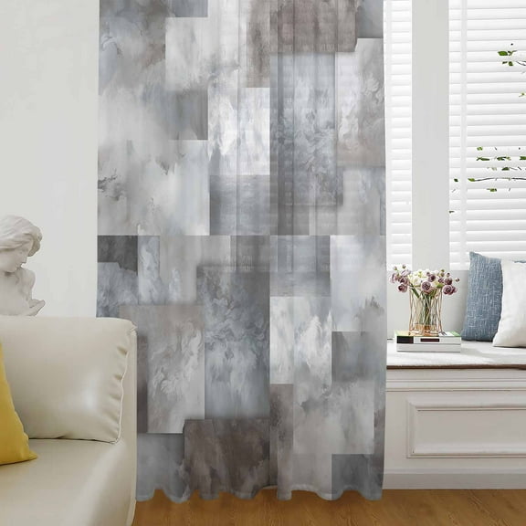 Gray Geometric Semi Sheer Curtains Drapes for Living Room, Bedroom, French Doors Window 72 Inches Long, Modern Abstract Art Block Rod Pocket Chiffon Curtain Drapery Voile Draperies Panel