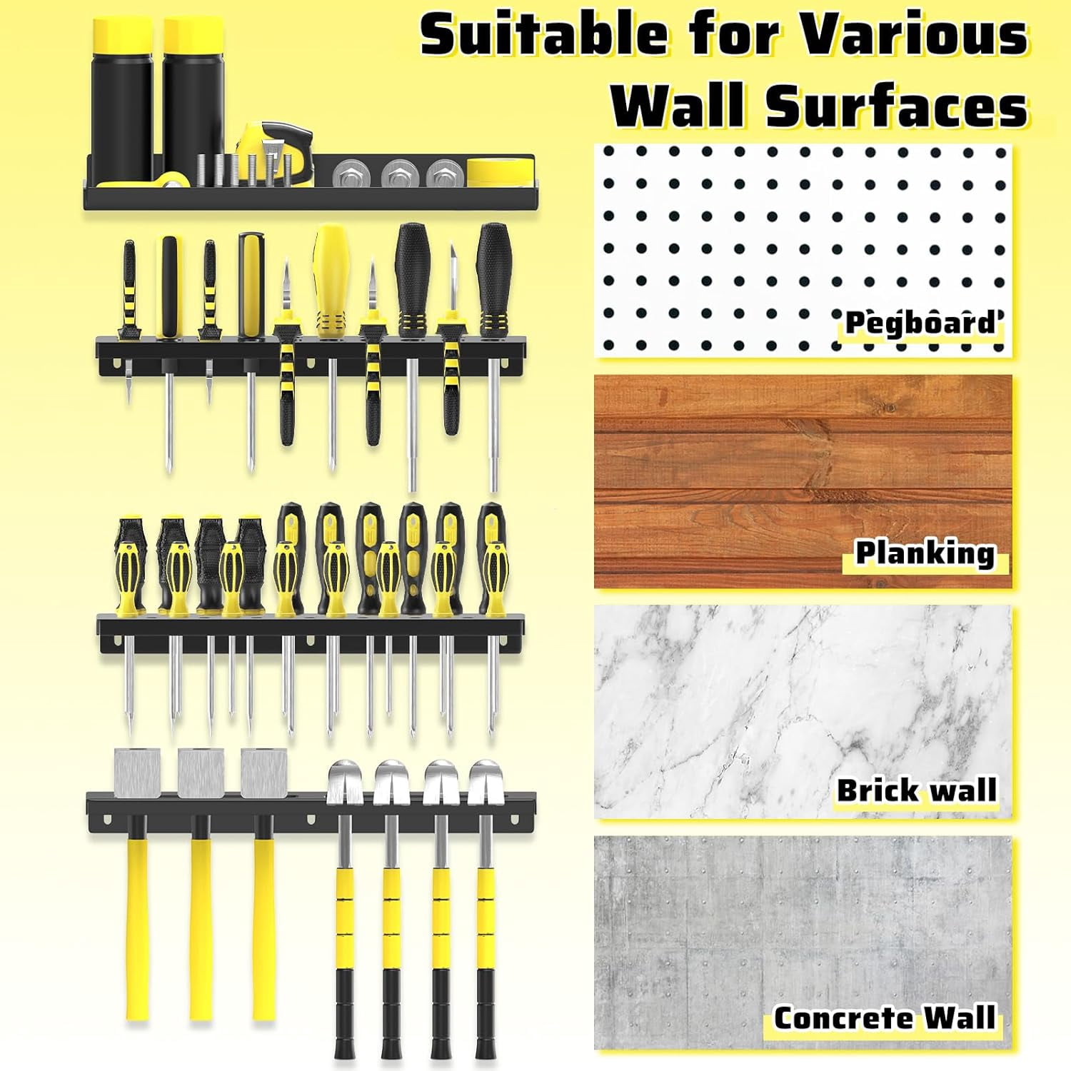 Wall Mount Tool Organizer Rack, 4 Pcs Metal Storage Board for Workshop, Garage, Workbench - Screwdriver, Pliers, Hammer Holder