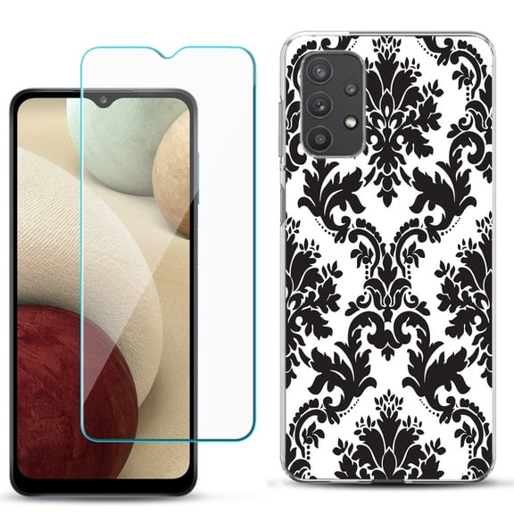 Slim-Fit TPU Phone Case compatible with Samsung Galaxy A32 5G, with Tempered Glass Screen Protector, by OneToughShield ® - Victorian White/Black