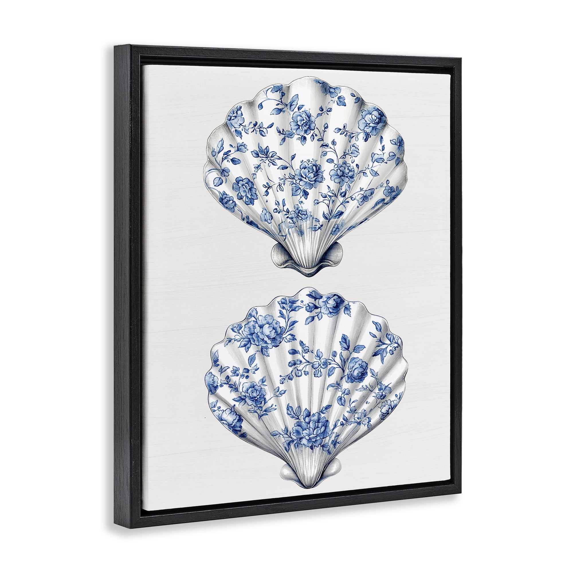 Delicate Toile Seashells Black Framed Floater Canvas Wall Art, design by Lettered and Lined