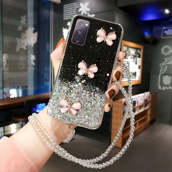 For Samsung Galaxy S20 Ultra Black Smart Shockproof Glitter Crystal butterfly Wrist Strap Cover Case