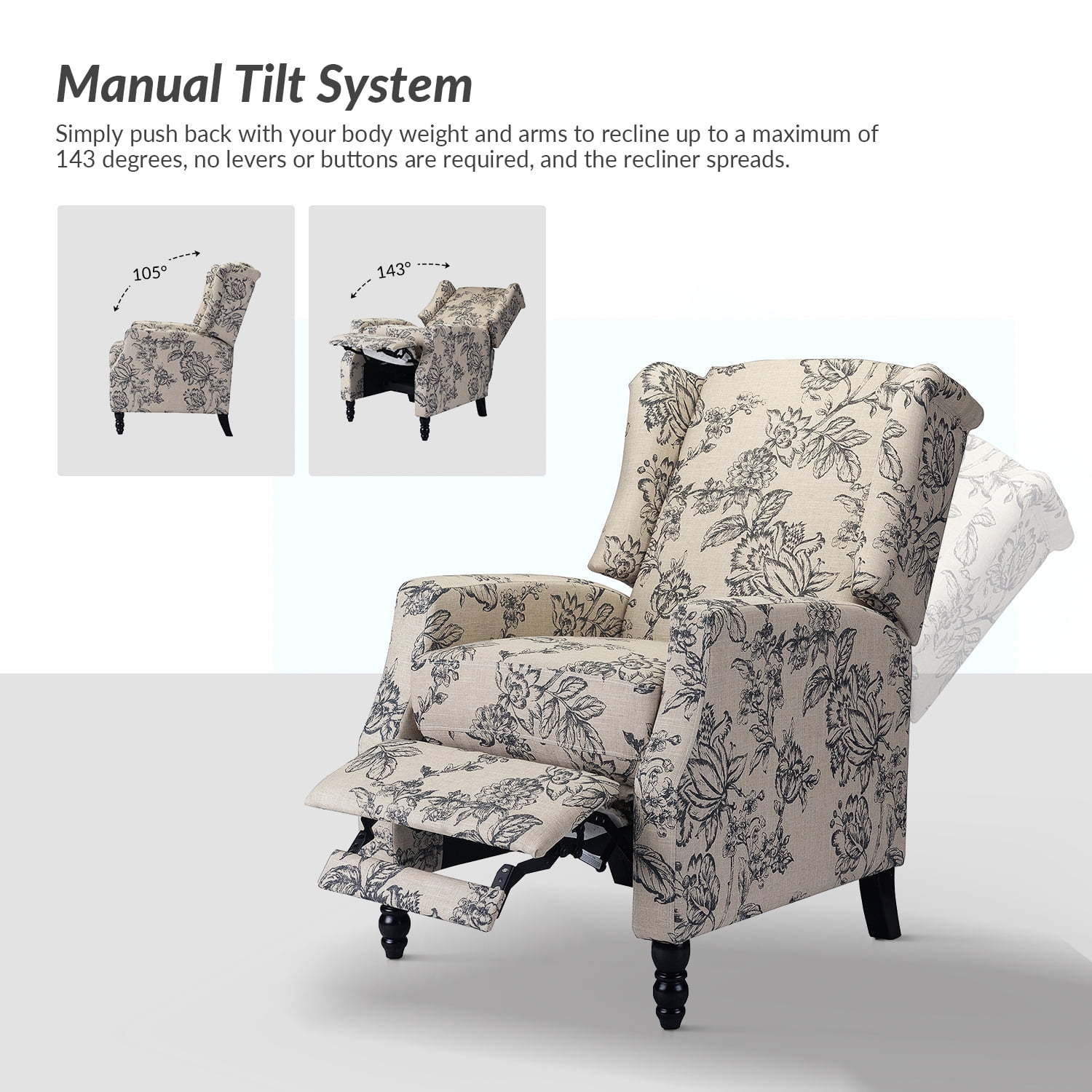 Traditional Manual Recliner Chair Push Back Upholstered Wingback Fabric Living Room Indigo