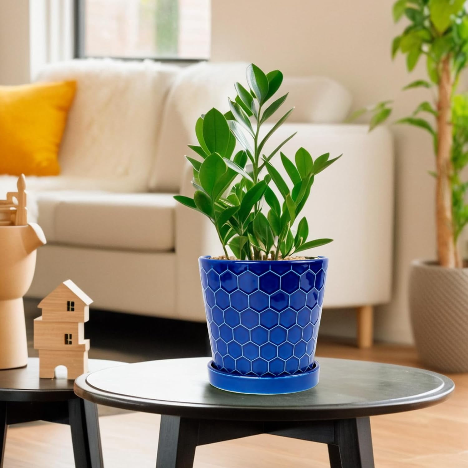 BUYMAX Plant Pots Indoor –6 inch Ceramic Flower Pot with Drainage Hole and Ceramic Tray - Gardening Home Desktop Office Windowsill Decoration, Set of 2(Blue)