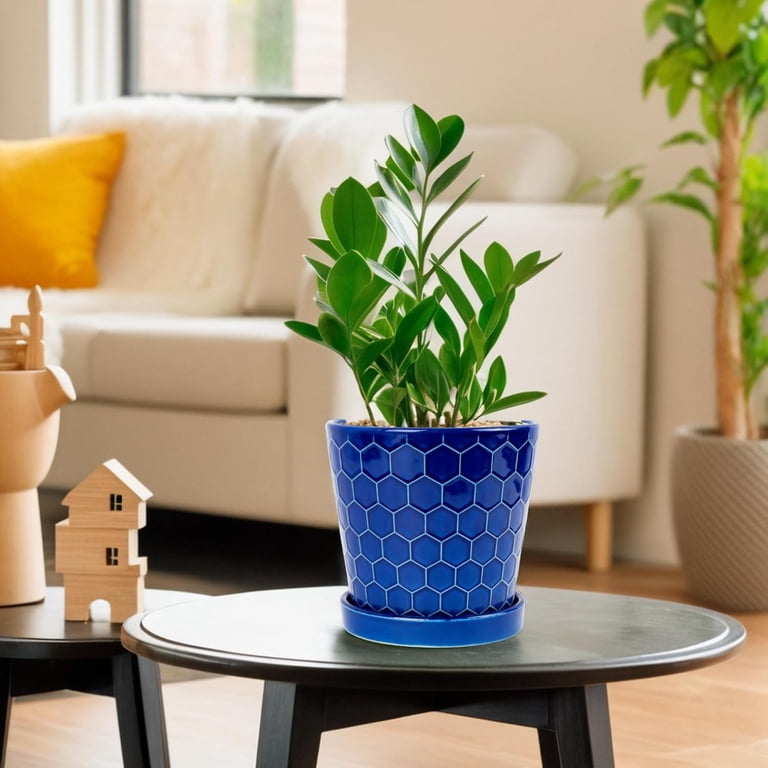 Ceramic Flower Pots Set of 2 in Blue with Drainage and Trays photo 3