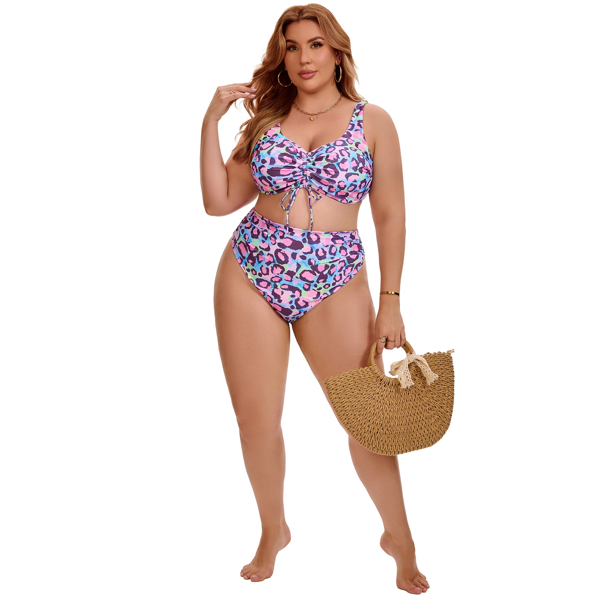 DARING DIVA Women's Plus Bikini High Waisted 2 Piece Bathing Suits 4X Green Pink