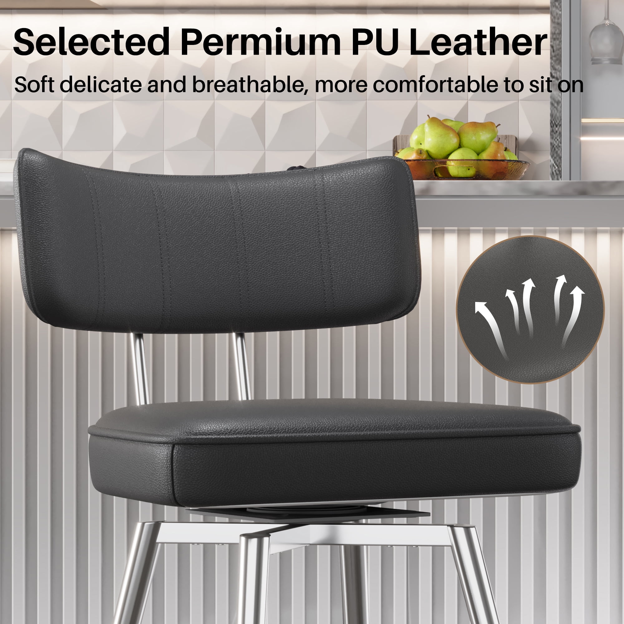 Ninecer Bar Stools Set of 3, Kitchen Counter stools with Backs and Metal Legs, 26" Black Leather Swivel Barstools for Counter Height