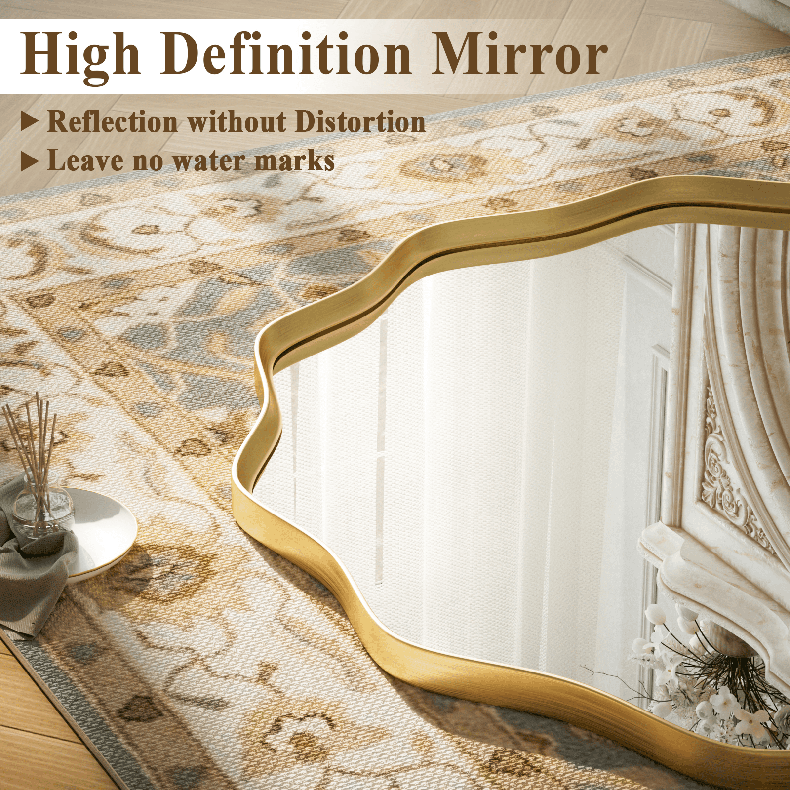 GRAHMCY 30" Wavy Round Bathroom Mirror Decorative Wall Mirror With Deep Frame, Gold