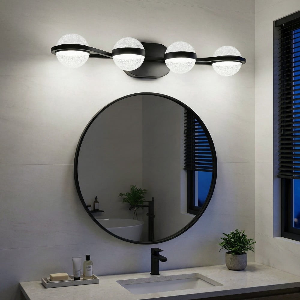30" Black Minimalist LED Bathroom Vanity Light, 4-Light Wall Mounted Fixture with Crystal Sand Acrylic Shades, Modern Decorative Lighting for Mirror, Sink, and Vanity Area