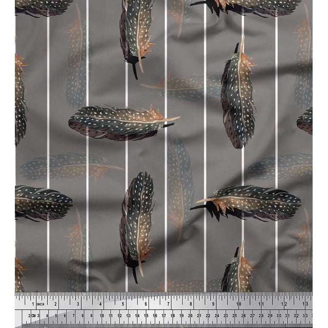 Soimoi Gray polyester Crepe Fabric Stripe Feather Print Fabric by Yard 52 Inch Wide