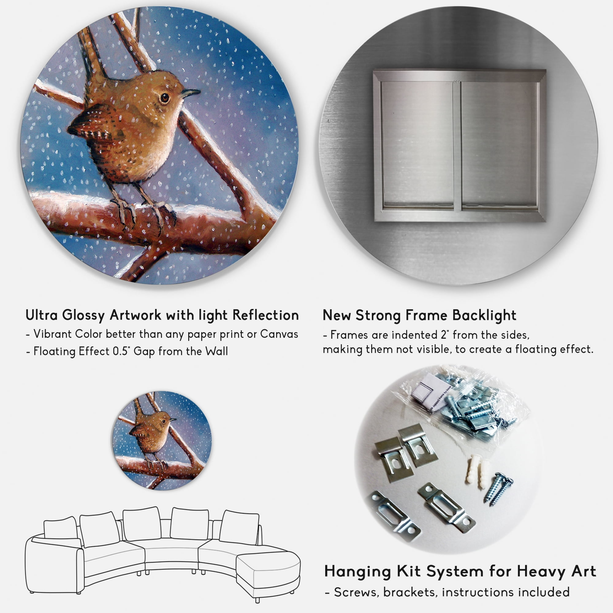 Designart 'Wren Bird On Branch In Winter' Farmhouse Circle Metal Wall Art 29x29 - Disc of 29