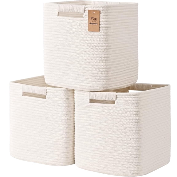 Natubeau 3 Pack Woven Storage Basket for Shelves, Cube Storage Bins, Cotton Rope Woven Baskets for Organizing, 11 Inch, White