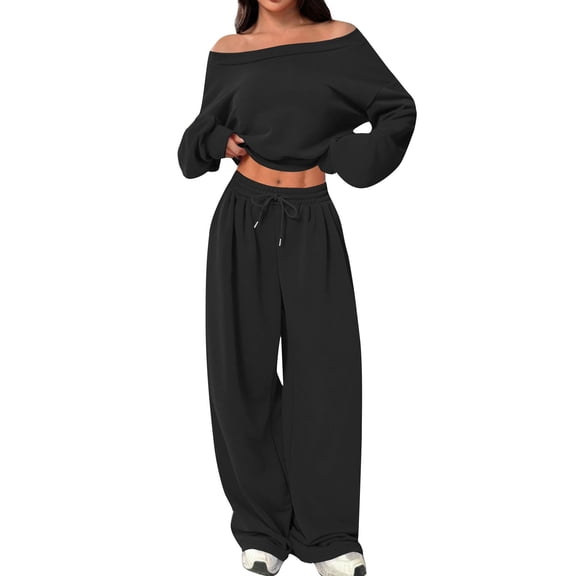 Womens 2 Piece Outfits Off The Shoulder Long Sleeve Tops and Wide Leg Sweatpant Sets,Oversized Tracksuit Outfits,Fashion Lounge Wear Sets,Jogger Loose Loungewear Gym Fitness Activewear Set Black