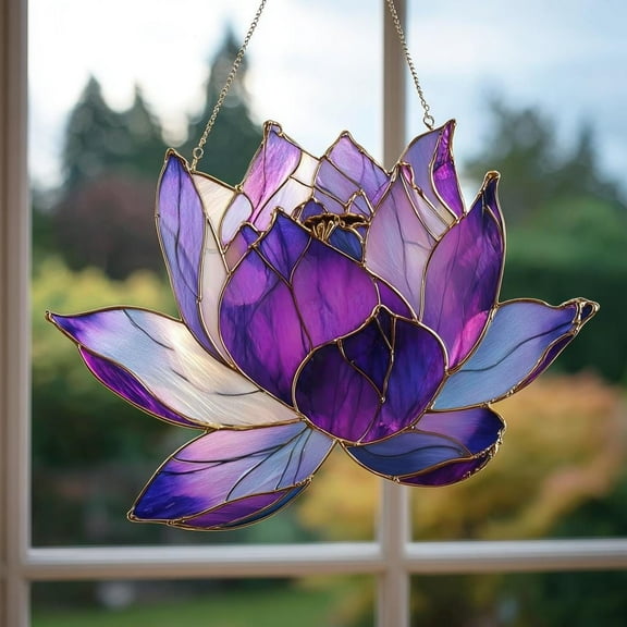 Era Gift andmade Purple Lotus Suncatcher Stained Glass Window Decor Beautiful Acrylic Lotus Flower for House Unique Boho Window Hanging