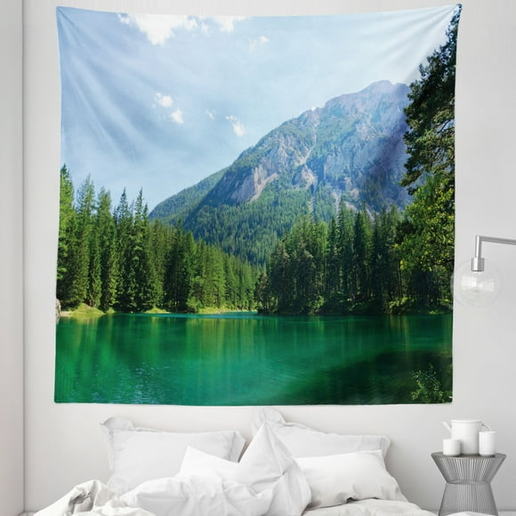 Nature Tapestry, Lake Surrounded by Forest at Mountain Valley Austrian Rural Scenery, Fabric Wall Hanging Decor for Bedroom Living Room Dorm, 5 Sizes, Pale Blue Hunter Green, by Ambesonne
