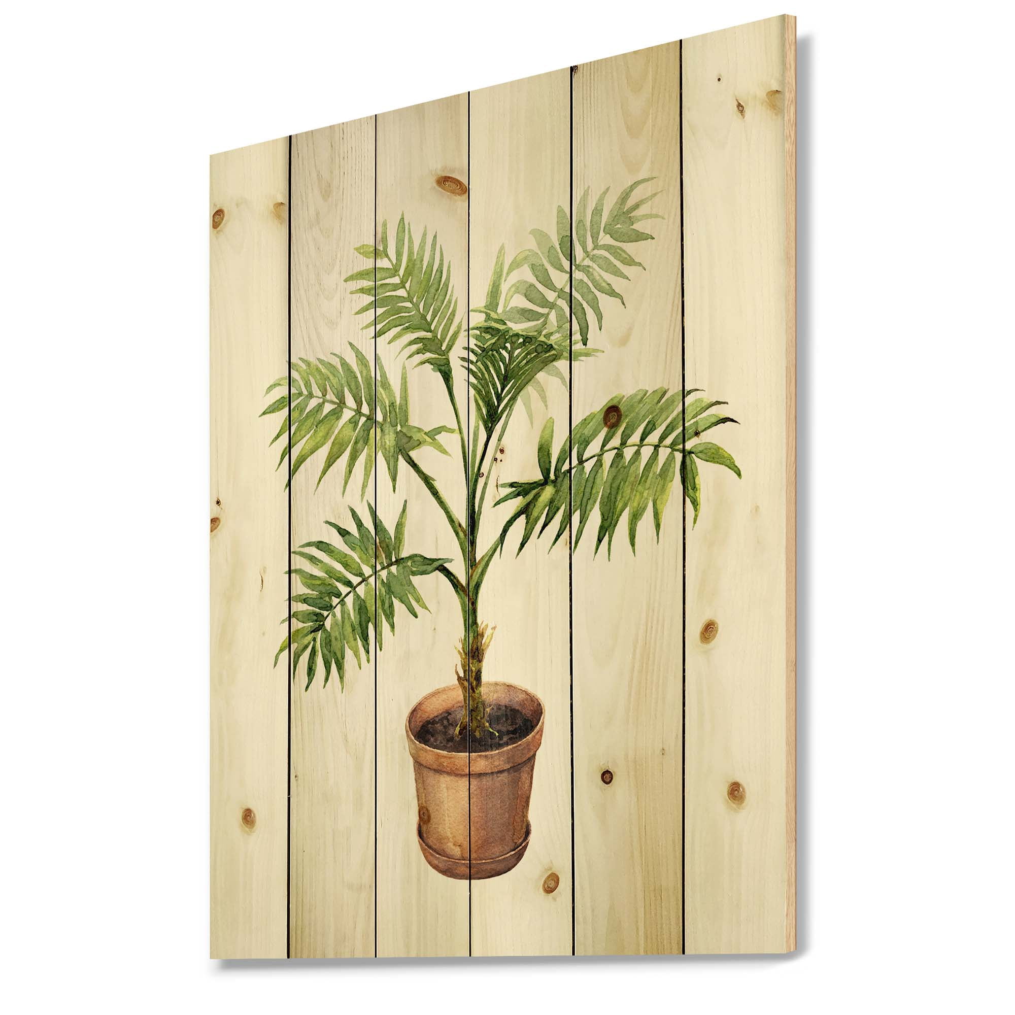 Designart 'Palm Plant In Clay Flowerpot' Traditional Print on Natural Pine Wood