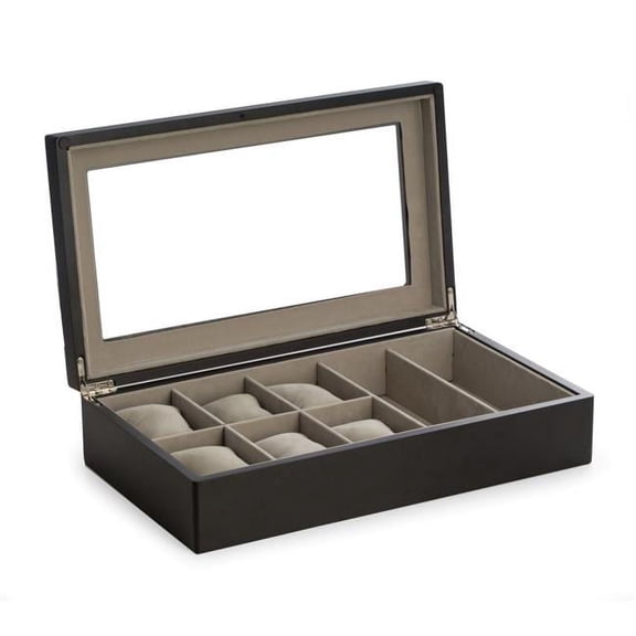 Bey-Berk International BB705BLK Wood Six Watch & 2 Sunglass Storage Box with Glass Top, Soft Velour Lining - Black