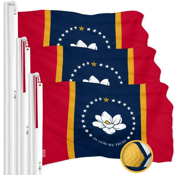 G128 3 Pack: Mississippi 2020 MS State Flag | 3x5 Ft | ToughWeave Series Embroidered 300D Polyester | Embroidered Design, Indoor/Outdoor, Brass Grommets