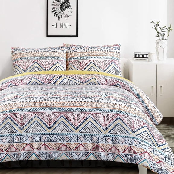 Bohemian Twin Bedding Duvet Cover Set - Yellow BlueStriped Ethnic Boho Printed in100% Natural Cotton with 2 Pieces Ultra Soft Breathable Comforter Cover Extremely Durable and Fade Resistant