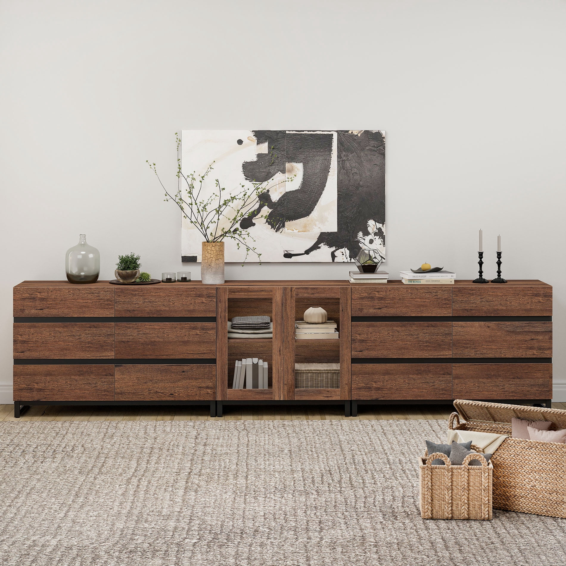 Modern Dresser with Tempered Glass Doors, 12 Drawers Storage Chest with Adjustable Shelves, 3 In 1 Household Closet Organizer for Bedroom,Brown