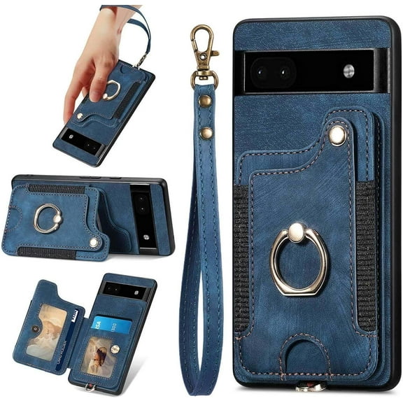 for Pixel 6a Case,Card Holder Wallet for Google Pixel 6a Case,Ring Holder Stand,RFID-Blocking,Wrist Strap,Camera Protector,Leather Protective  Flip Cover for Pixel 6a (Blue)