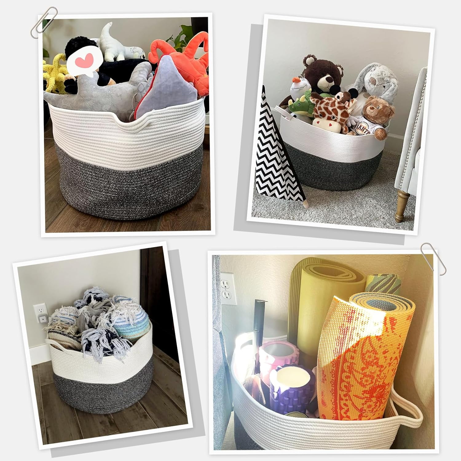 UniMall XXXLarge Cotton Rope Basket 21.7" x 21.7" x 13.8" Woven Baby Laundry Baskets Blanket Basket Toy Baskets with Handle Storage Comforter Cushions Gray Laundry Hamper