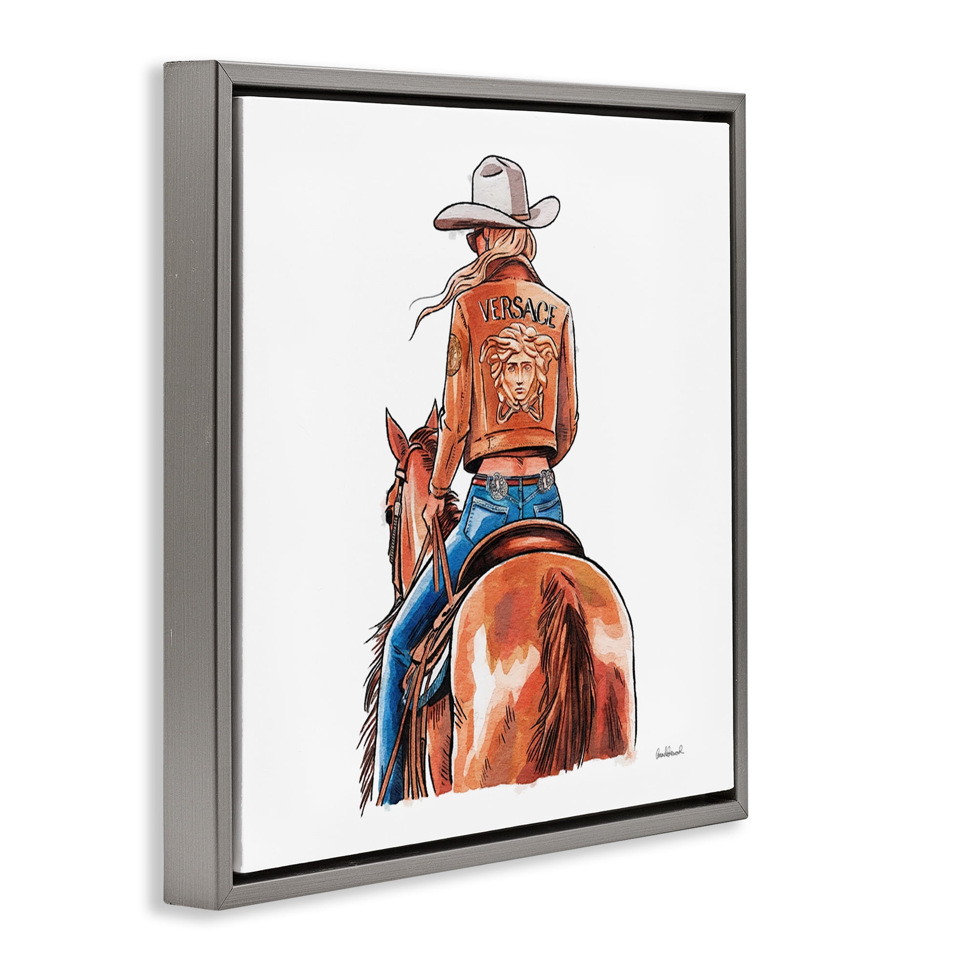 Stupell Industries Glam Cowgirl Jockey People Painting Gray Floater Framed Canvas Art Print Wall Art, 25 x 25