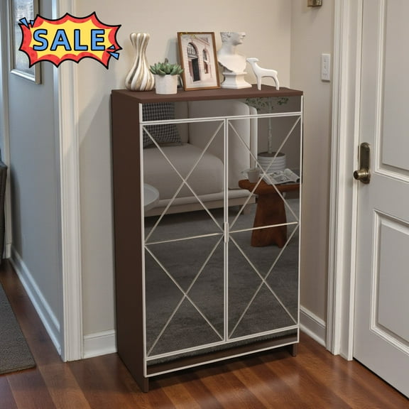 Tcbosik Mirrored Shoe Cabinet with Doors, Narrow Shoe Storage Organizer with Adjustable Shelves, Hidden Shoe Rack with Metal Handle for Entryway, Hallway, Closet, Brown