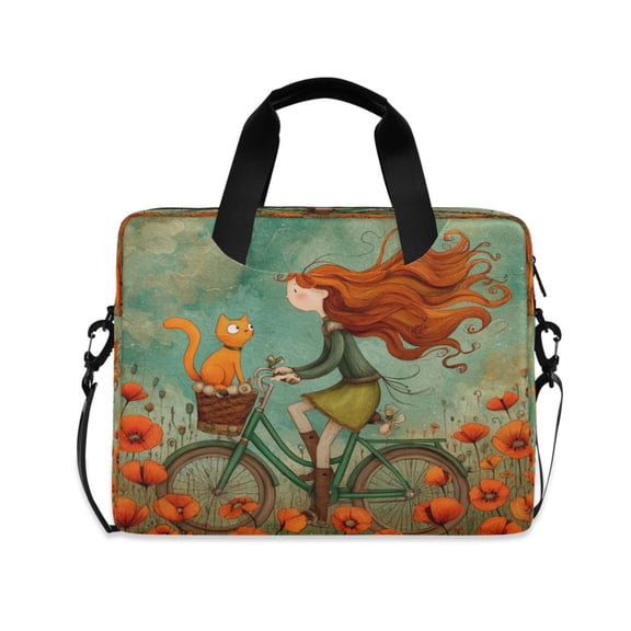 16" Laptop Briefcase, Detachable Anti-Slip Shoulder Strap, Multi-Compartment Work Travel Bag Red-haired Girl and Orange Cat