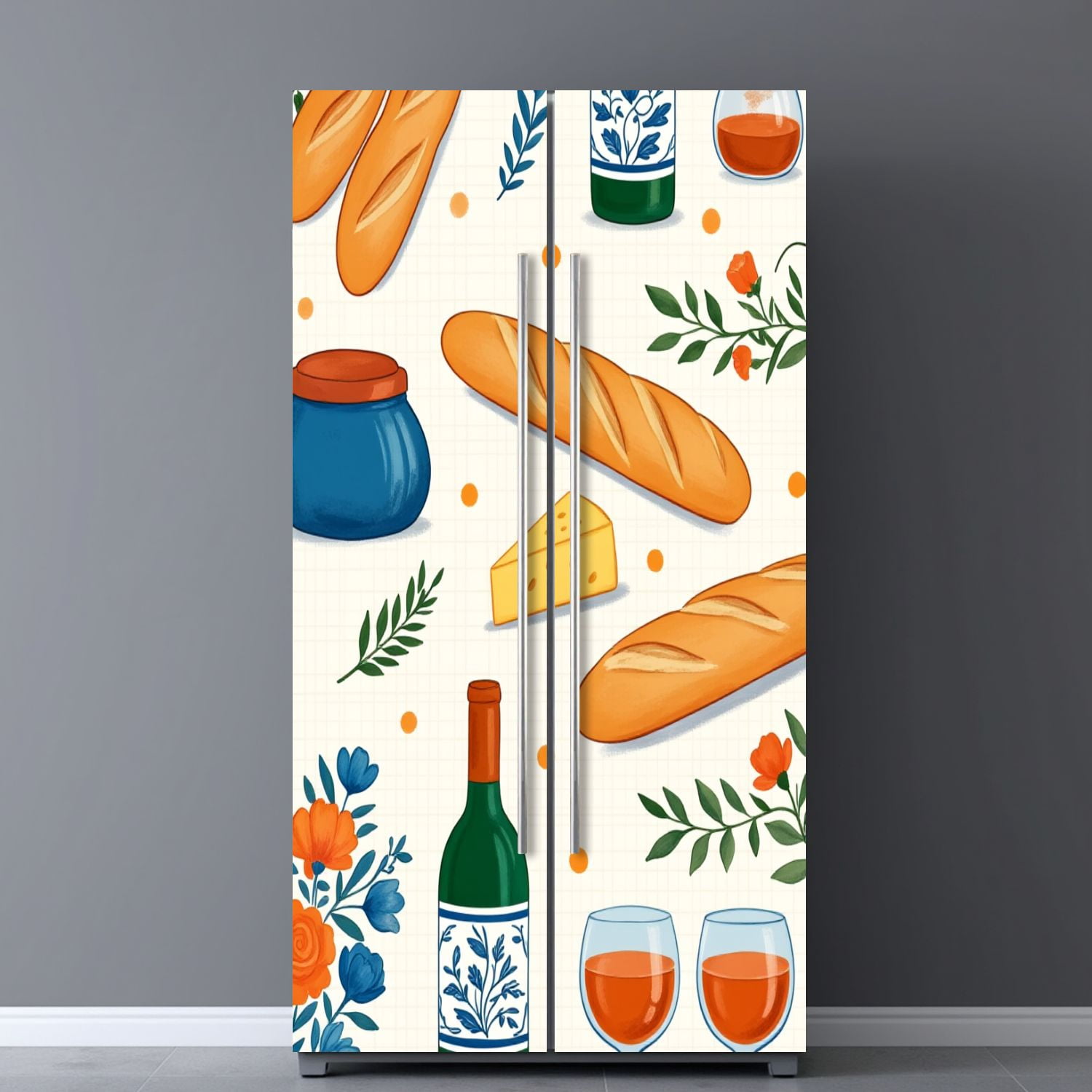 Self Adhesive Vinyl Refrigerator Wrap Set Wine Cheese Bread Floral Accents Cozy Picnic Door Mural Removable Fridge Sticker Peel and Stick&nbsp;Full Door Cover Decal Kitchen Bar Decor