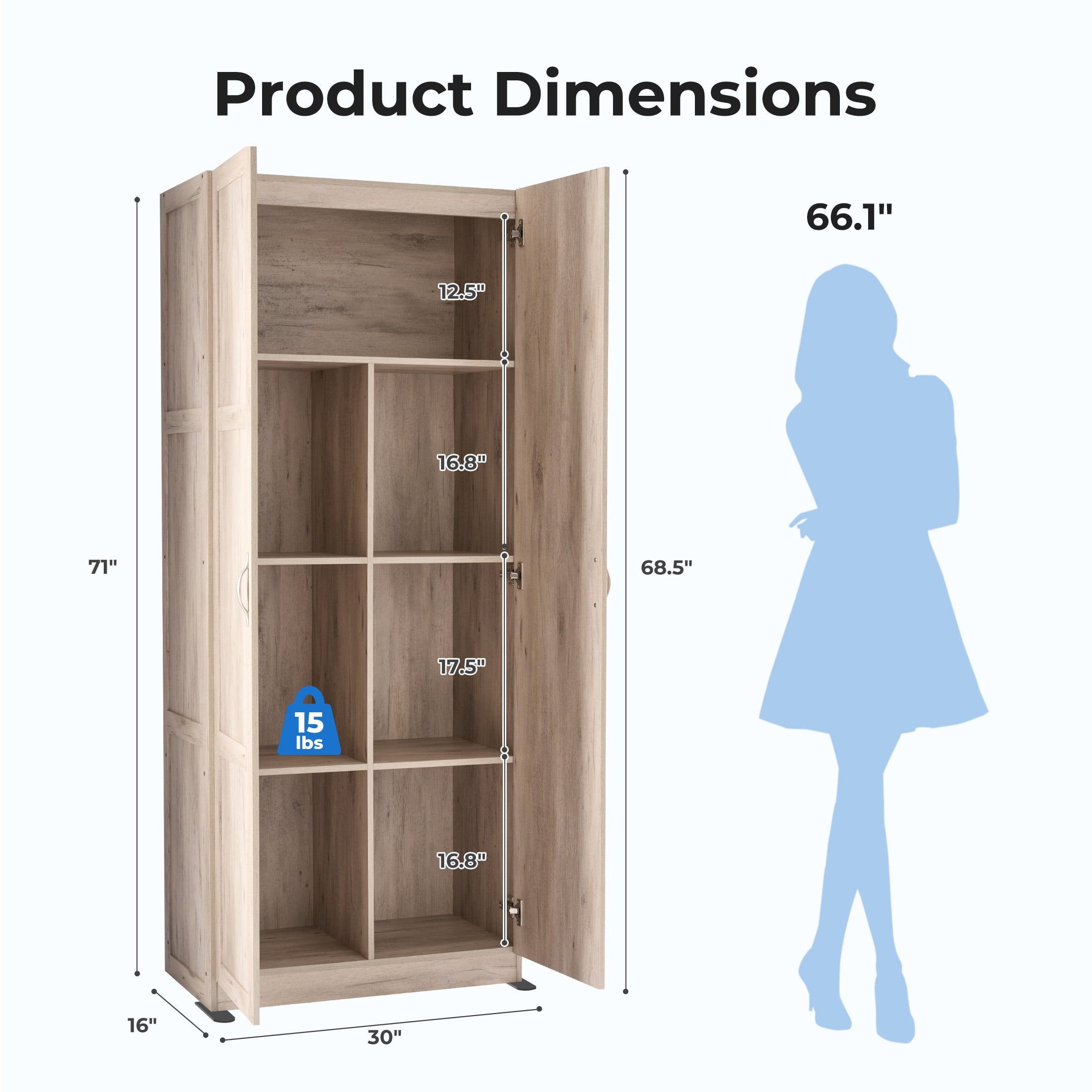 CONCETTA 71 inch Wooden Storage Cabinet, Freestanding Cupboard, 4-Tier Home Organizer for Kitchen, Living Room, Bedroom, Pantry, Beige