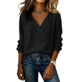 thumbnail image 4 of Women's Wrap Front V Neck Shirt Long Sleeve Lightweight Textured Blouse Loose Fit Versatile Casual Work Layering Tops Trendy Outfit Black, 4 of 9