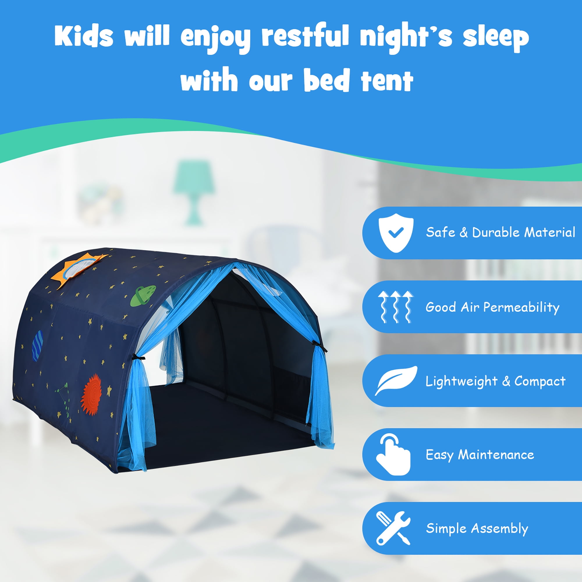 Costway Kids Bed Tent Play Tent Portable Playhouse Twin Sleeping w/Carry Bag Blue