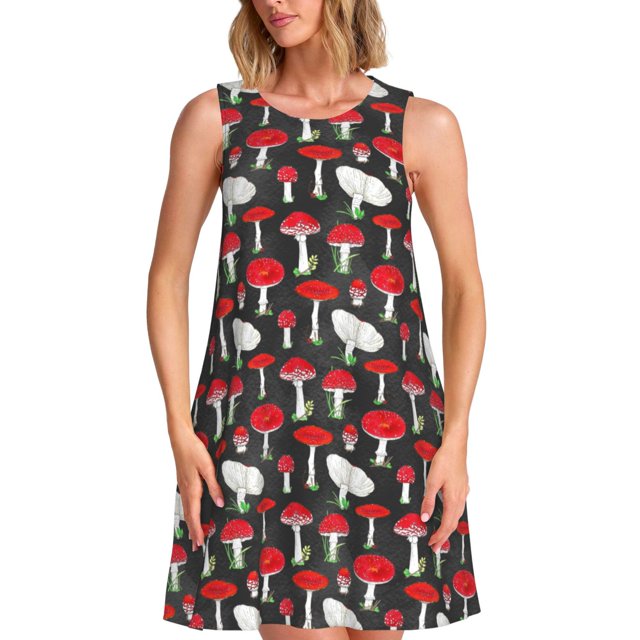 Fotbe Red Mushrooms Vestido de Verano sin Mangas para Mujer – Vestido Midi Línea A, Estilo Camiseta Floral, Vestido Playero Casual y Fluido