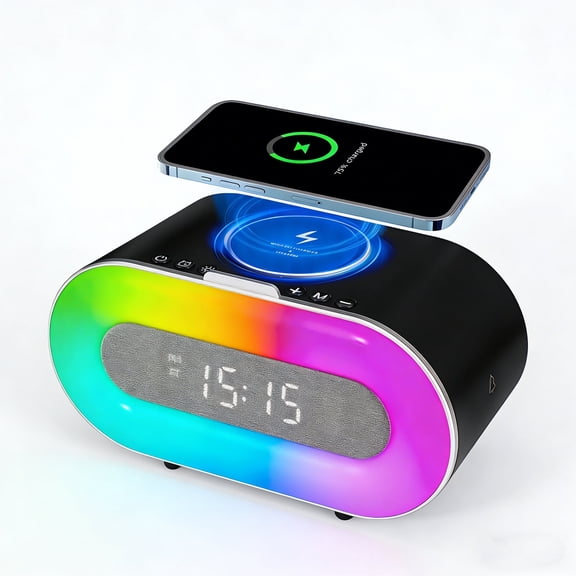 5 in 1 Portable Bluetooth Speaker with Dual Stereo Speakers, 9 Modes RGB LED Atmosphere Lights, 10W Wireless Charging Station with Phone Stand, Dimmable Clock, for Teen Boy Girl Trendy Stuff Gift