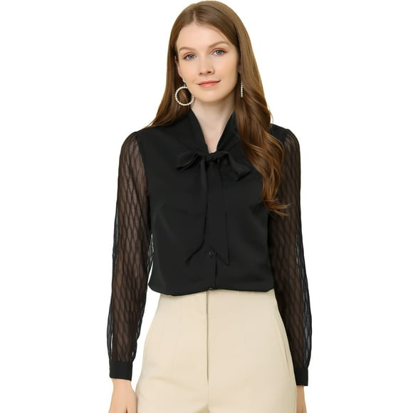 INSPIRE CHIC Blusa De Manga Larga De Gasa Con Cuello Anudado Para Mujer Negro L