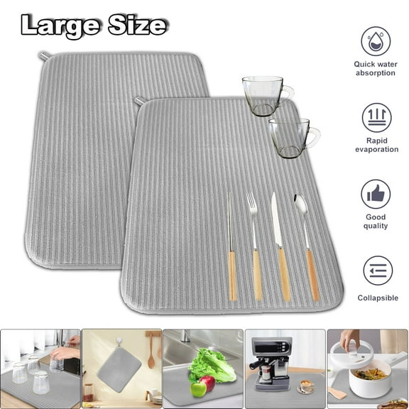 2 Pack Large Dish Drying Mats for Kitchen Counter, Microfiber Absorbent Cleaning Dish Drainer, Dish Drying Pads for Countertops,Draining Racks,Sinks(24*18 inch)