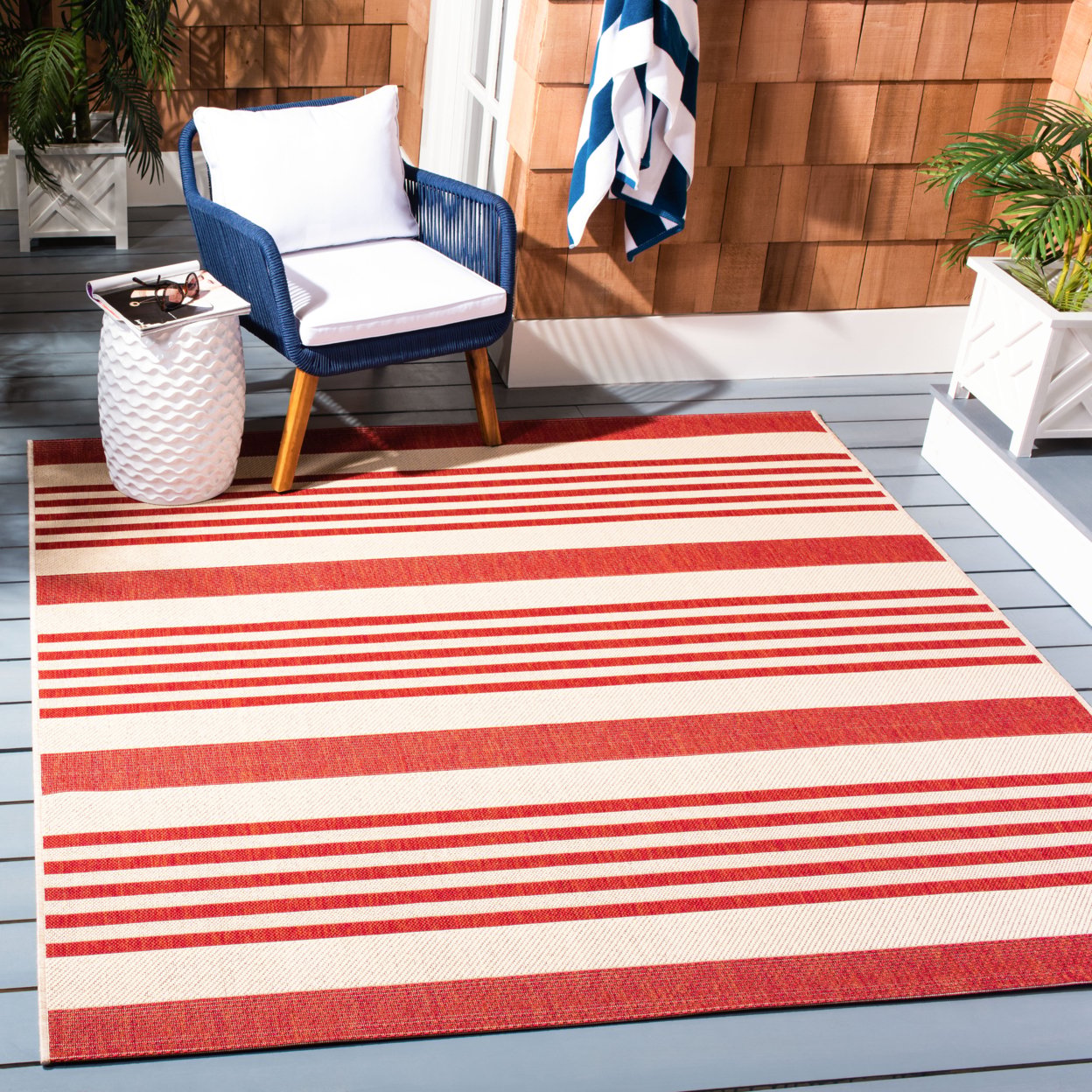 thumbnail image 2 of SAFAVIEH Beach House Henry Striped Indoor/Outdoor Area Rug, Beige/Red, 4' x 4' Round, 2 of 9
