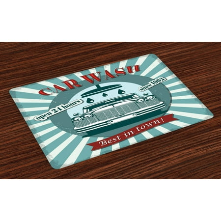 

Retro Placemats Set of 4 Vintage Graphic Design for a Car Wash Sign Commercial with Aged Classic Retro Arsty Washable Fabric Place Mats for Dining Room Kitchen Table Decor Red Teal by Ambesonne