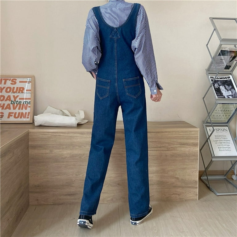 GYUJNB Denim Jumpsuit for Women Women's High Waisted Fashionable And  Versatile Straight Leg Floor Mopping Denim Strap Pants Jumpsuits for Women  Casual,Black,S - Walmart.com