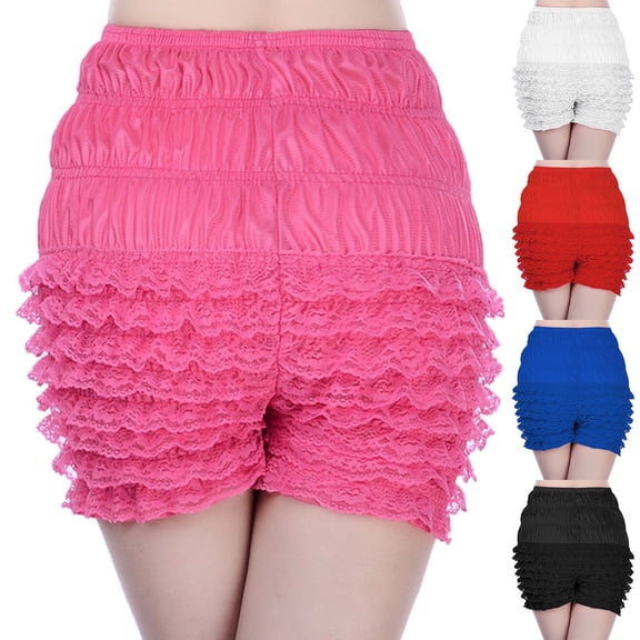 Trendfront Women's Solid Color Ruched Lace Layered Bloomers Shorts Cute Casual Lounge Sleepwear Everyday Bottoms