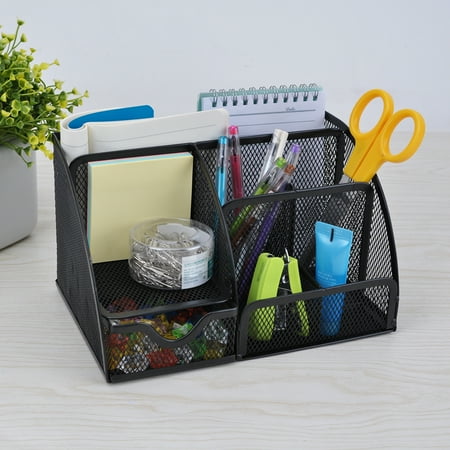 Office Desk Supplies 7 Storage Compartments Multi-functional Mesh Desk Organizer Pen Holder Stationery Storage Container Box Collection Office School Supplies Caddy for Business Card Pen Pencil Note Stapler Scissors Mobil ()