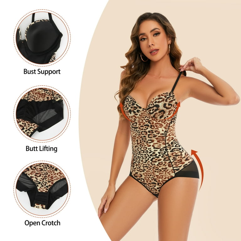 FITVALEN Sexy Leopard Print Jumpsuit for Women Butt Lifting Bodysuit Bust  Support Shapewear Open Crotch Body Shaper 