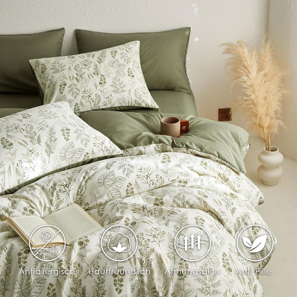 Green Leaves Flowers Plants Reversible Bedding Set Duvet Cover King Size