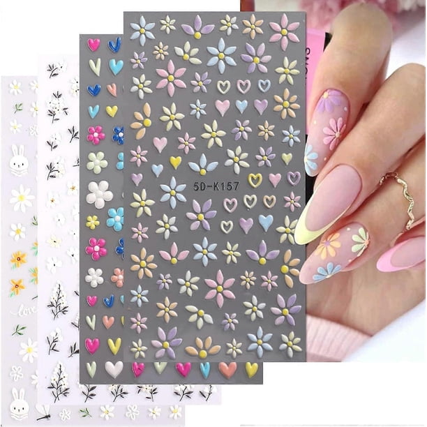 4 Sheets 5D Embossed Nail Stickers Self Adhesive Colorful Blossom Floral Nail Stickers for Nail Art Design Decoration Accessories Spring Nail Stickers