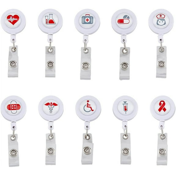 ABS Plastic Retractable Badge Reels Card Holders with Platinum Clips ID Badge Holder for Nurses Flat Round Medical Theme Pattern White 8.6cm 10pcs/box