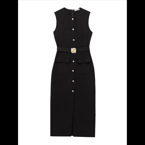 Vestidos de Trabajo para Mujer 2025, Vestido Formal Sin Mangas con Botones, Elegantes Conjuntos de Oficina con Cinturón. Negro S
