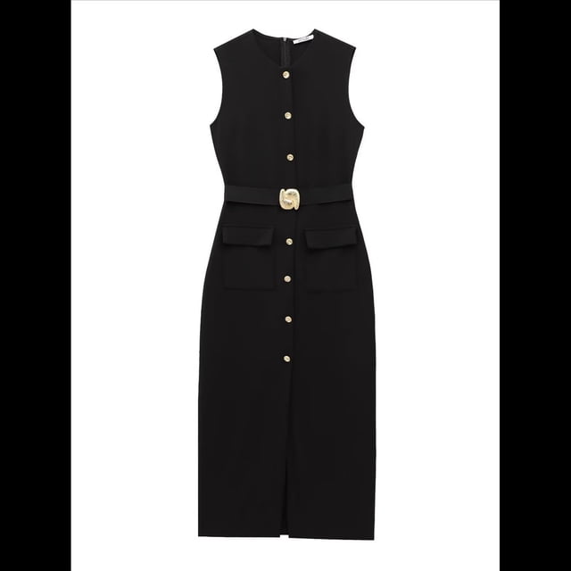 Vestidos de Trabajo para Mujer 2025, Vestido Formal Sin Mangas con Botones, Elegantes Conjuntos de Oficina con Cinturón. Negro S