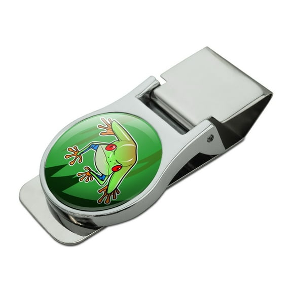 Tree Frog on Leaf Satin Chrome Plated Metal Money Clip