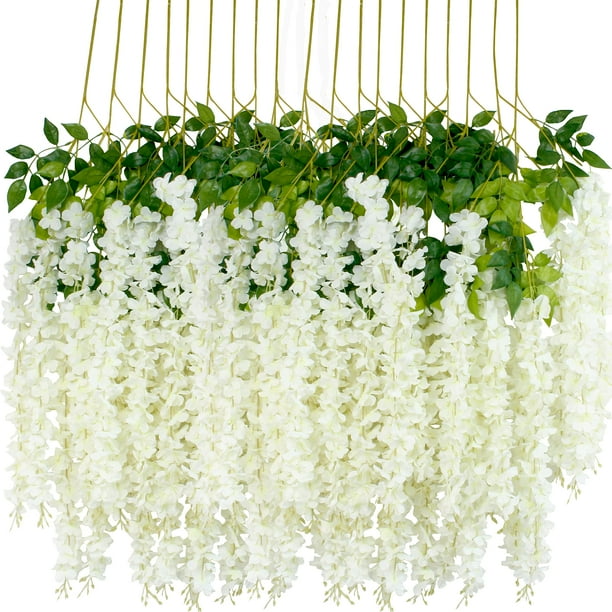 12 flores artificiales de glicina de 3.6 pies/pieza blanca densa artificial de glicina falsa de vid de ratta para colgar guirnalda de flores de seda para decoración del hogar, fiesta, boda (blanco-den